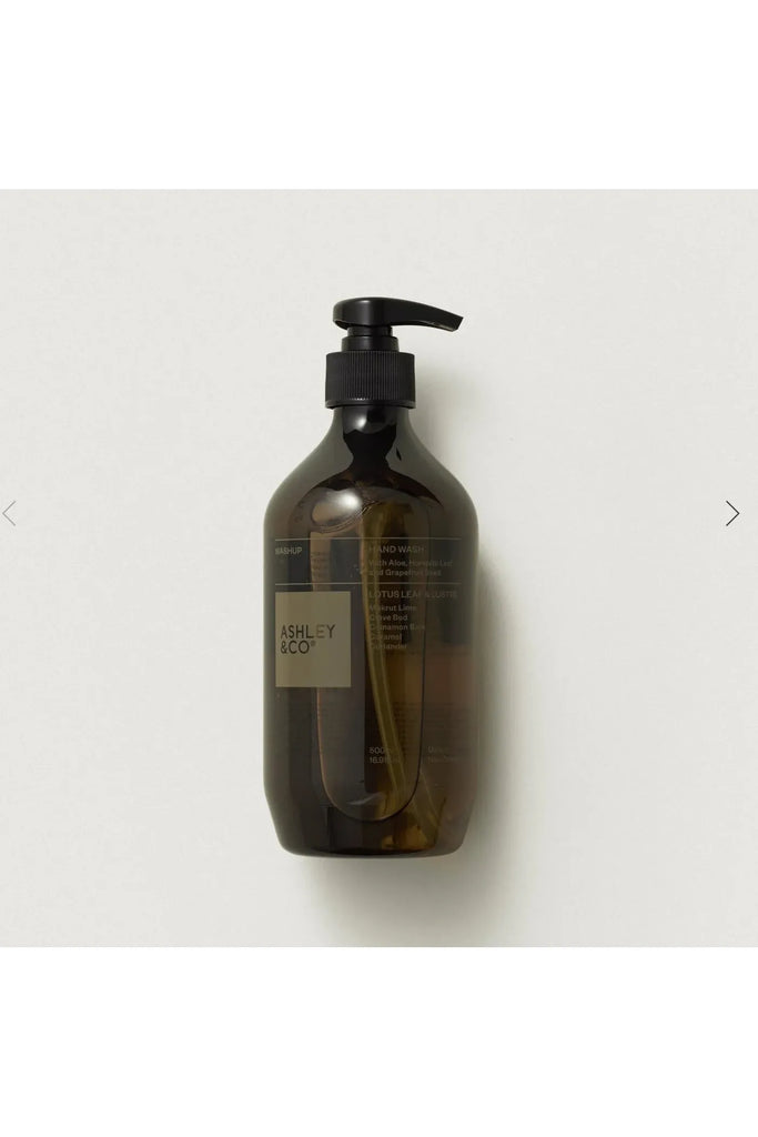 Ashley & Co Washup Handwash Lotus Leaf & Lustre. Brown soap bottle with pump on a white background.