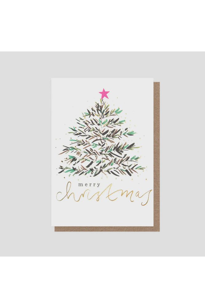 Greeting Card | Painted Tree w Gold Snow and a Pink Star Christmas Greeting Cards Caroline Gardner