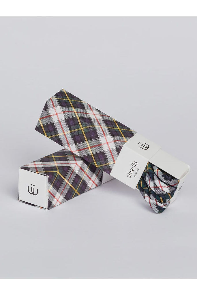 Plaid patterned shoelaces with packaging on a light grey background