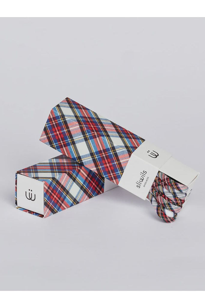Plaid patterned shoelaces with packaging on a light grey background