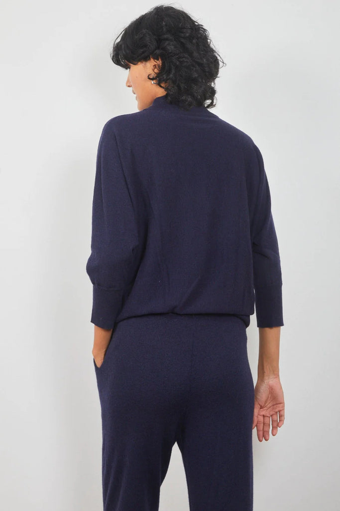 Dalston Harper Sweater Merino Cashmere Indigo back view on model