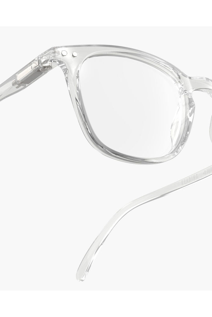 Izipizi Reading Glasses Frame Shape E Crystal. Close up image to show the arm hinge of the glasses.