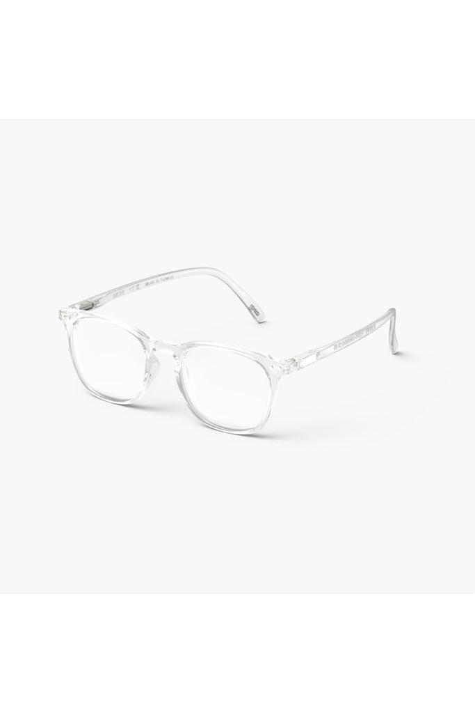 Izipizi Reading Glasses Frame Shape E Crystal. Glasses sitting on a surface so the viewer is able to see the whole pair of glasses.