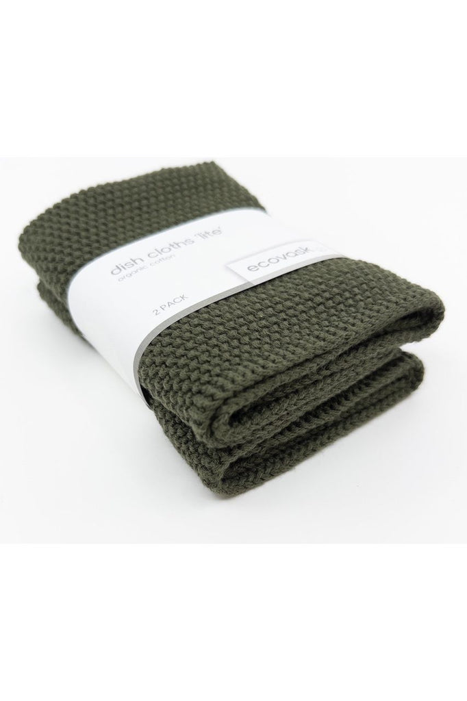 Ecovask 2 Pack Organic Cotton Lite Dish Cloths in Olive Green.  Dishcloths folded, stacked and held together with branded paper belly band.