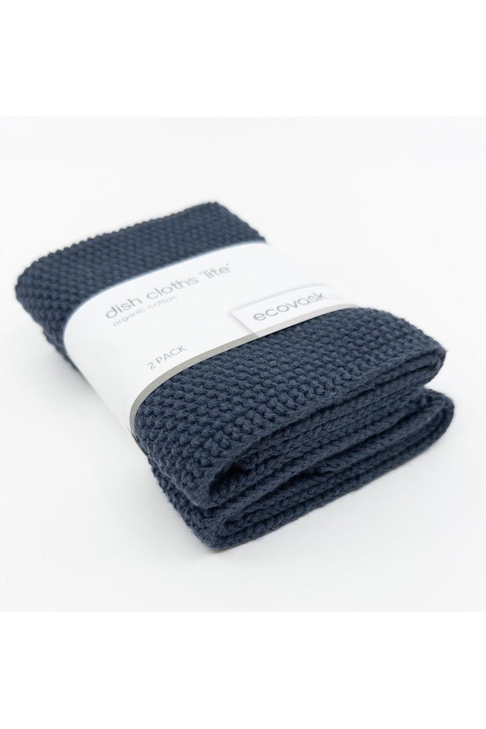 Ecovisk 2 Pack Organic Cotton Lite Dishcloths in Navy.  Cloths folded, stacked and held together with branded belly band.
