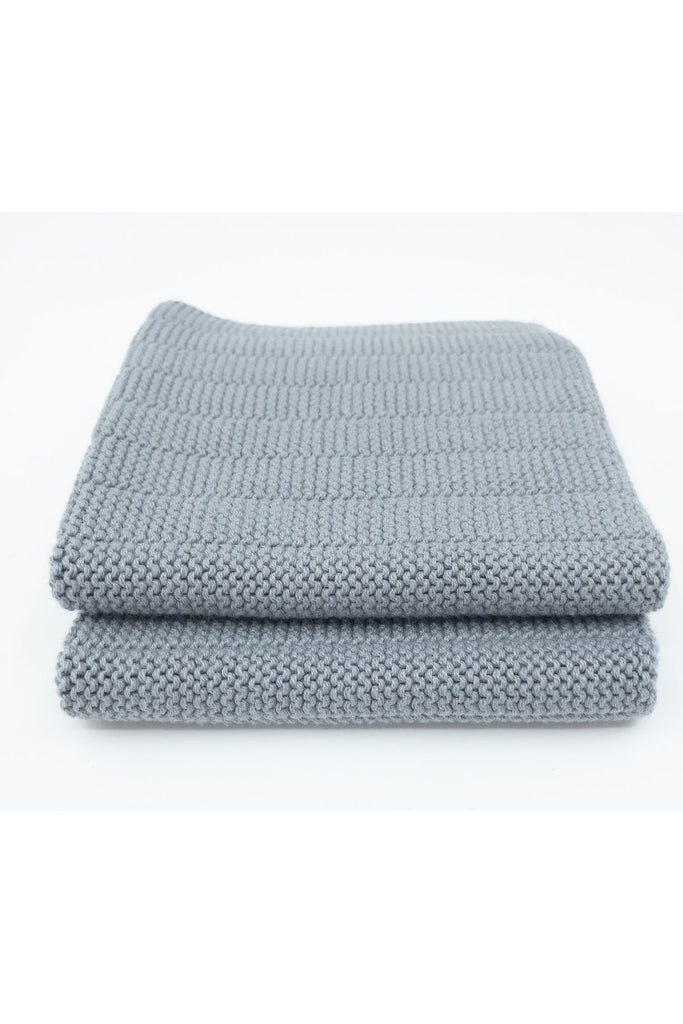 Ecovask 2 pack organic cotton dish cloths in Steel a Lighter Blue Grey.  Cloths folded and stacked on top of one another .