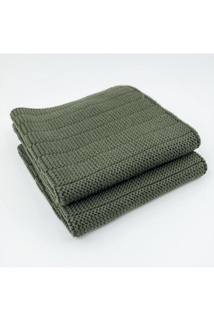 Ecovask Organic Cotton 2 pack of Dishcloths in Olive.  Dishcloths shown folded and stacked on top of one another. Photographed on an angle.
