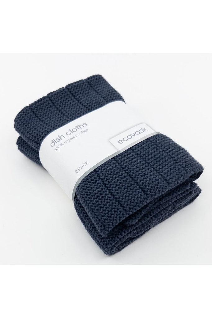 Ecovask 2 pack organic Dish Cloths in Midnight Blue. Cloths shown folded, stacked and held together by Paper Belly Band.
