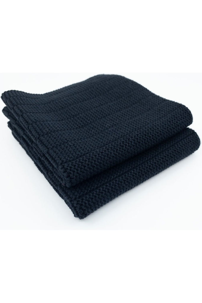 Ecovask 2 pack organic cotton dish cloths in Raven (Black).  Cloths folded and stacked on top of one another .Photographed on an angle.