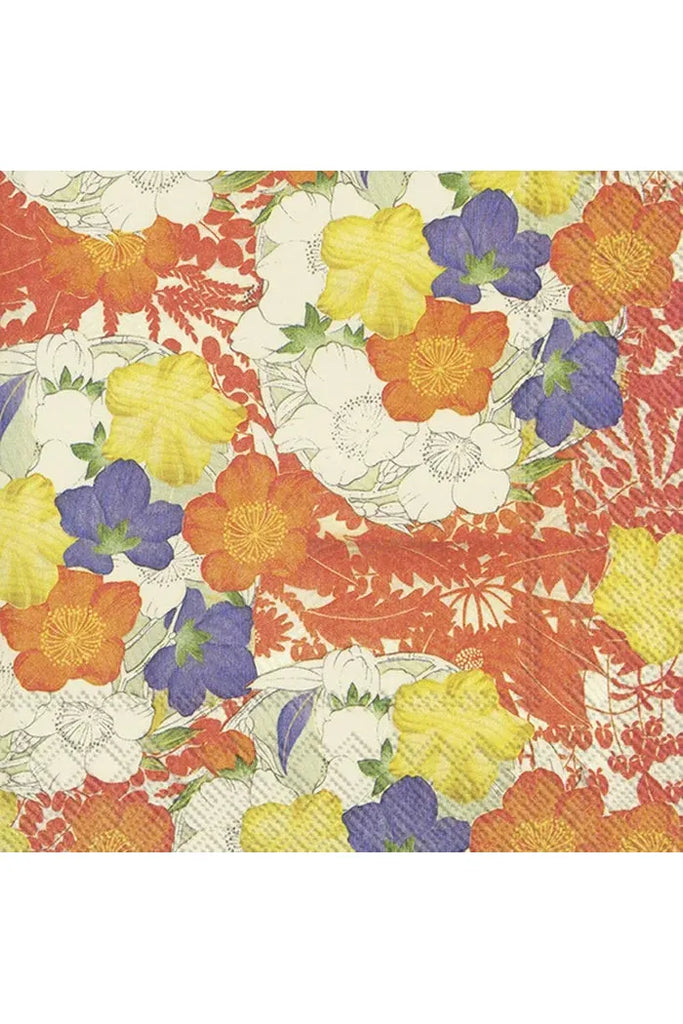 IHR Paper Cocktail Napkin featuring V & A's  Kimono Flowers.  Brightly coloured flowers on a cream background