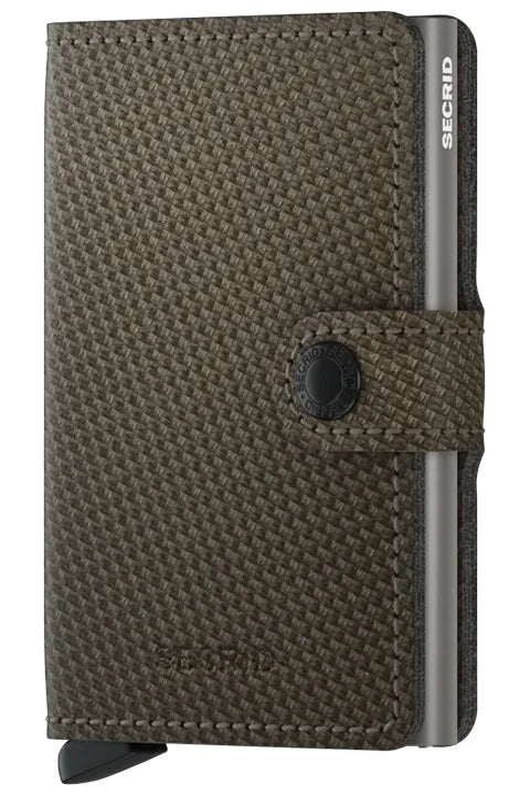 Secrid Miniwallet Carbon in Khaki Side Angle View showing front of wallet