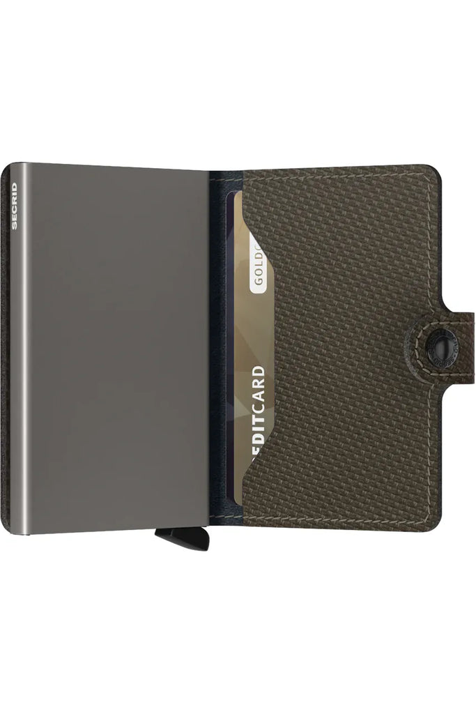 Secrid Miniwallet Carbon in Khaki opened out showing additional card slot