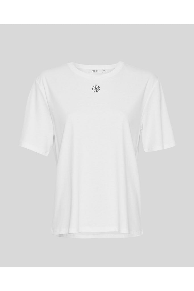 Person wearing a white t-shirt with a small logo on a plain background. MSCH Copenhagen Melea Icon Tee in White with a black logo