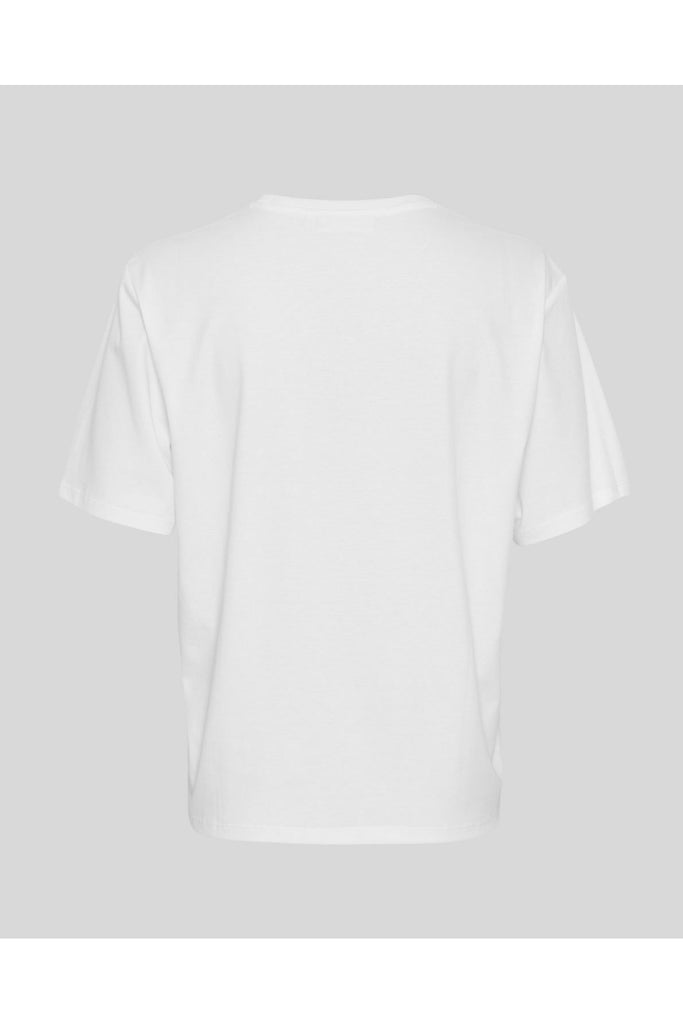 Person wearing a white t-shirt with a small logo on a plain background. MSCH Copenhagen Melea Icon Tee in White with a black logo