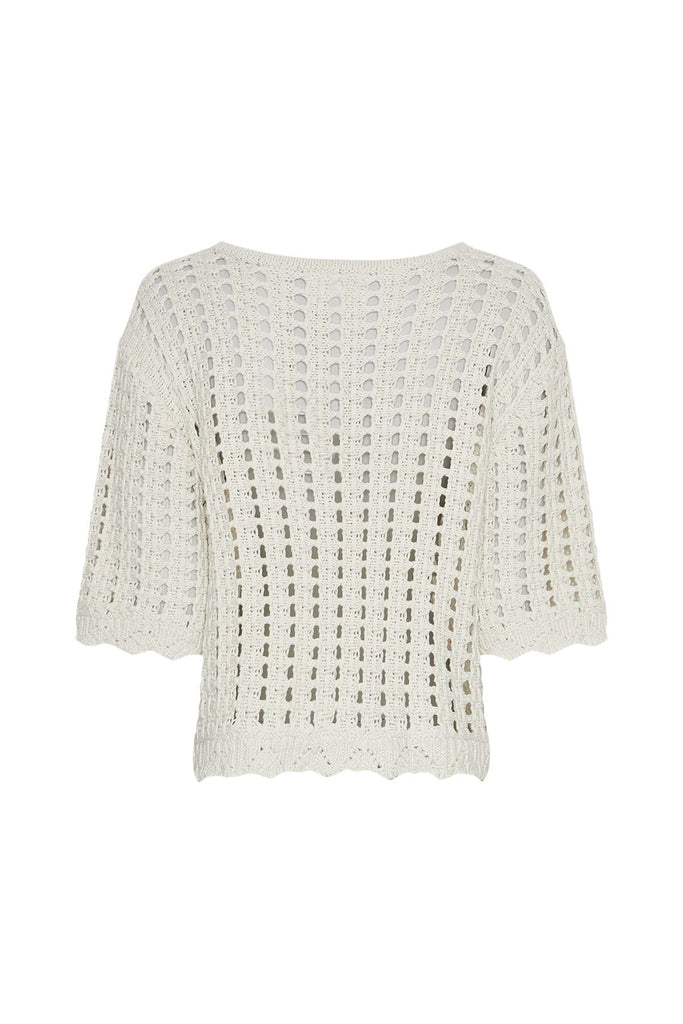 Off white crochet top against a gray background. MSCH Copenhagen Fairyn Top.