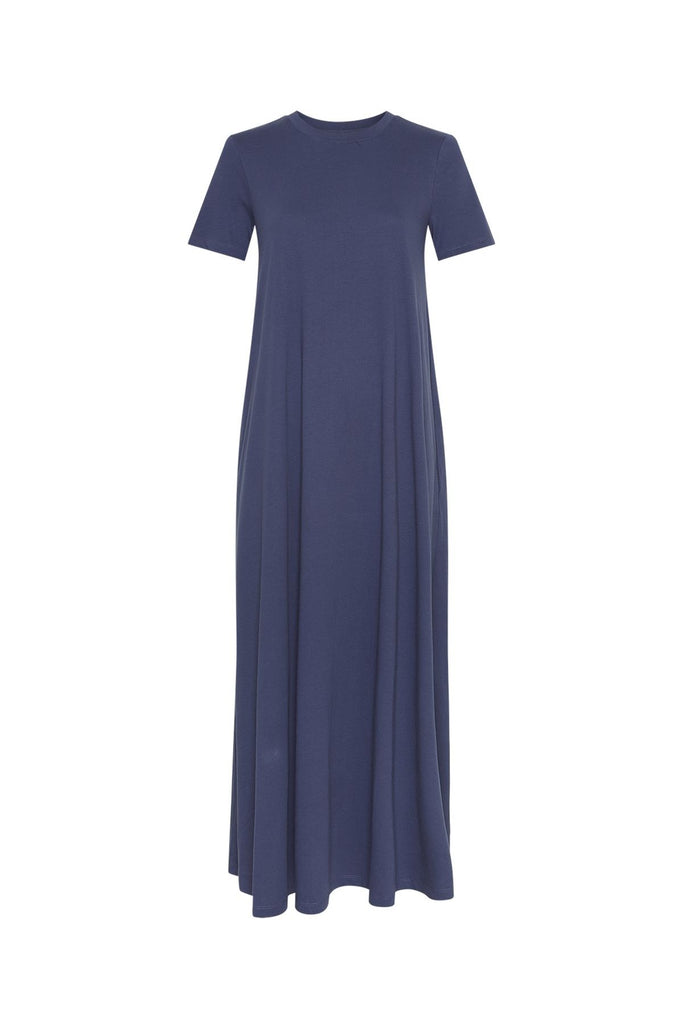 Blue dress on a grey background. MSCH Copenhagen Olga Organic SS dress in Oceana Blue.