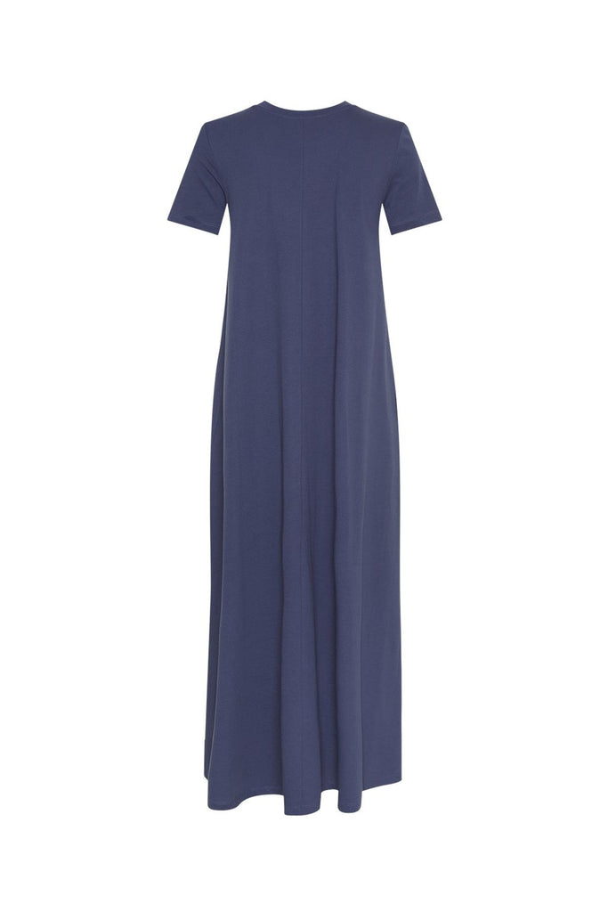 Blue dress on a grey background. MSCH Copenhagen Olga Organic SS dress in Oceana Blue.