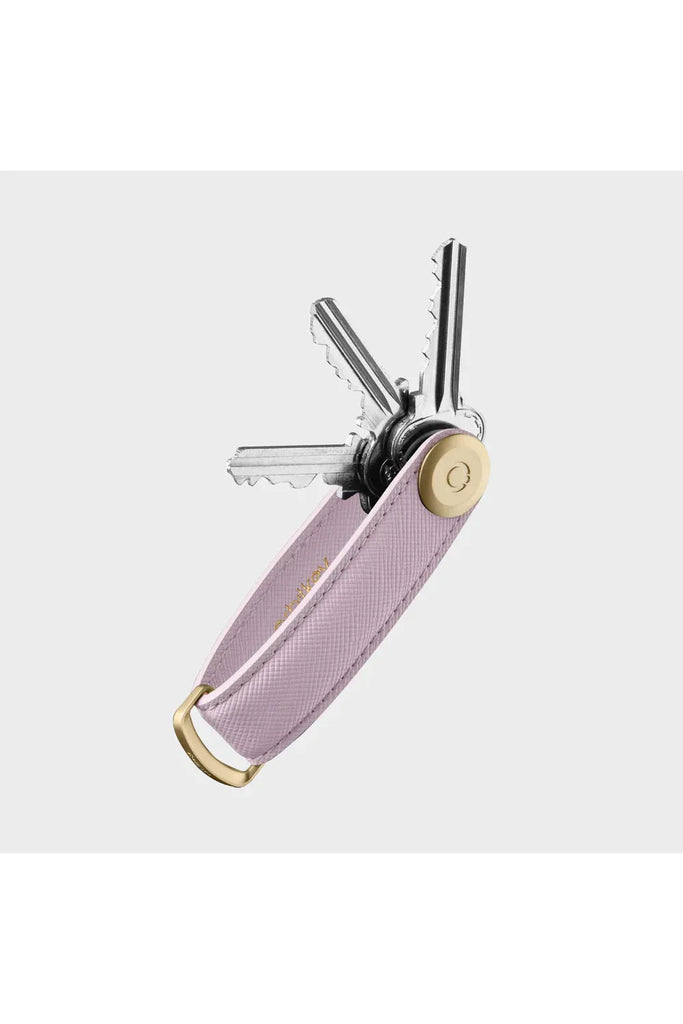 Orbitkey Leather Key Organiser Saffiano Leather Lilac angle view with keys displayed pulled out