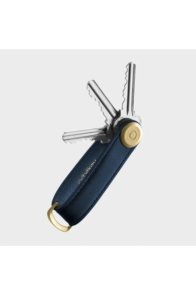 Orbitkey Key Organiser in Oxford Blue Saffiano Leather side angle showing keys pulled out