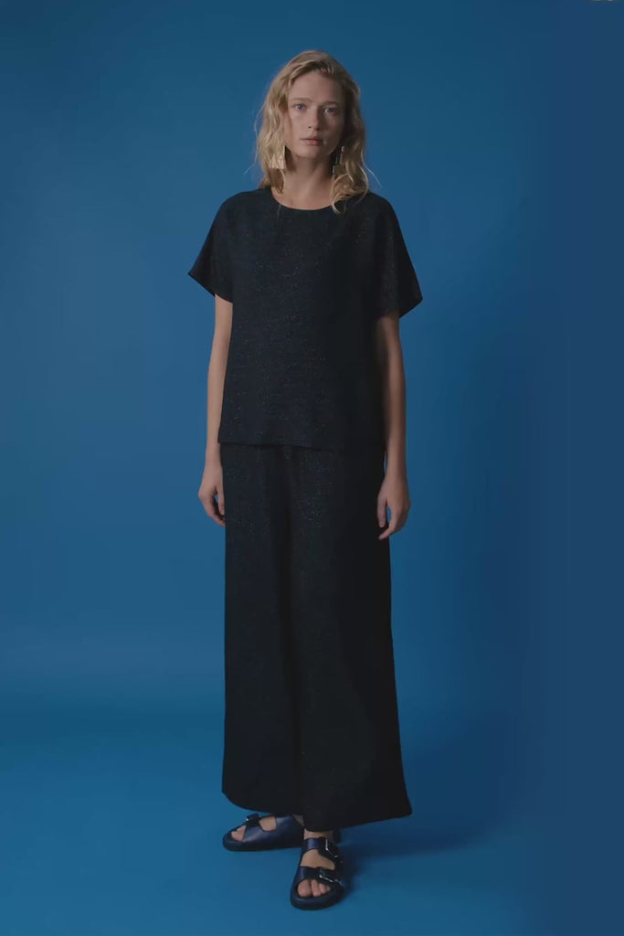 Person wearing a black sparkly outfit against a blue background. Elk Tulle Pant and Top.