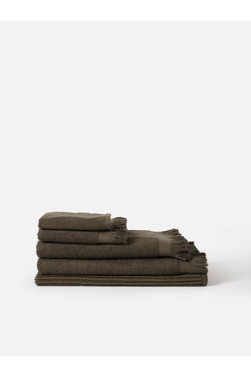 Citta Ribbed Ivy Towel Set each set piece Face Cloth, Hand Towel, Bath Towel, Bath Sheet and Bath Mat folded and stacked on top of one another