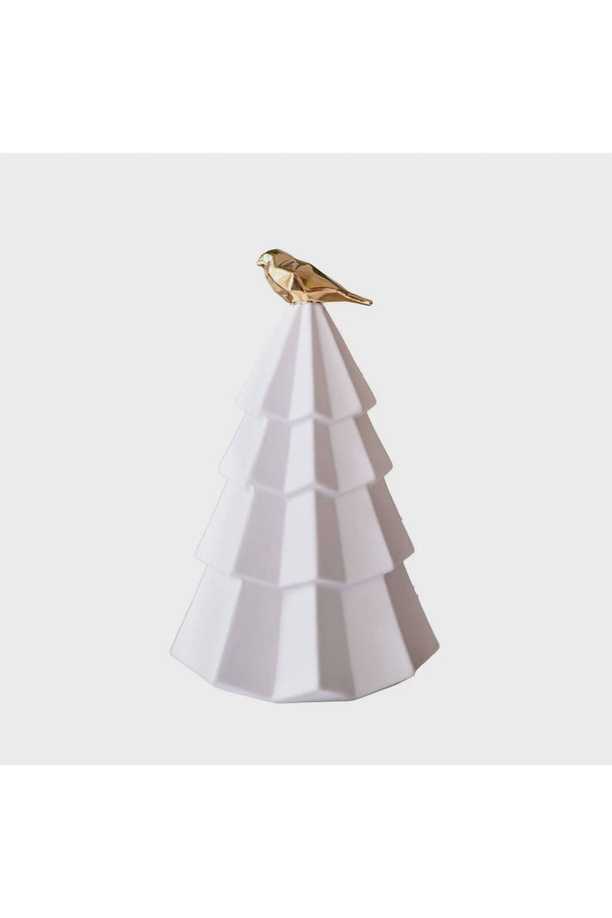 White stoneware Christmas tree ornament topped with a gold dove from Robert Gordon, available at Crisp Home + Wear.