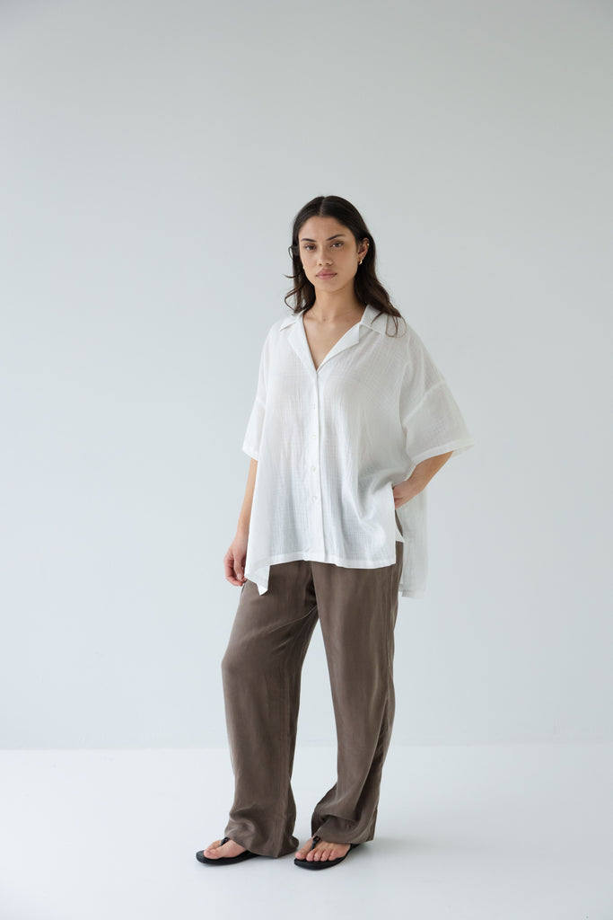 Person wearing a Short Sleeve Shirt from Sophie in Chalk Check Cotton