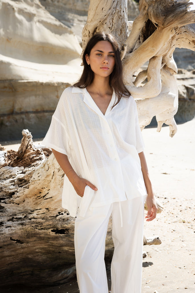 Person wearing a Short Sleeve Shirt from Sophie in Chalk Check Cotton