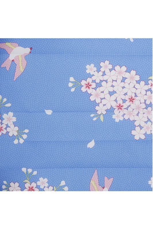Shupatto Compact Reusable Shopping Bag Japan Collection Hana Ni Tori. Image shows enlarged photo of the decorative fabric with cherry blossoms and birds on a blue background.Shupatto Compact Reusable Shopping Bag - Japan Collection: Hana Ni Tori. The image displays an enlarged photo of the decorative fabric featuring cherry blossoms and birds against a blue background.