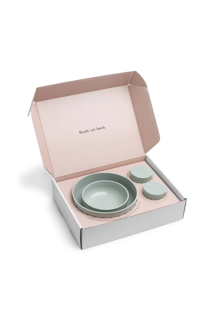 Styleware set of lunch bowls in a gift box with the words "Ready, Set, Lunch printed on the inside of the packaging box. 