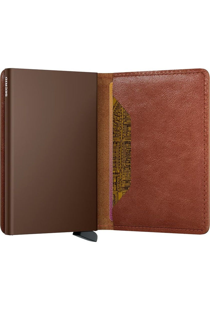 Secrid Slimwallet Vintage Cognac-Brown. The image shows the Brown Wallet open to show Brown Card Protector with Secrid branding and back interior pocket with cards inserted.