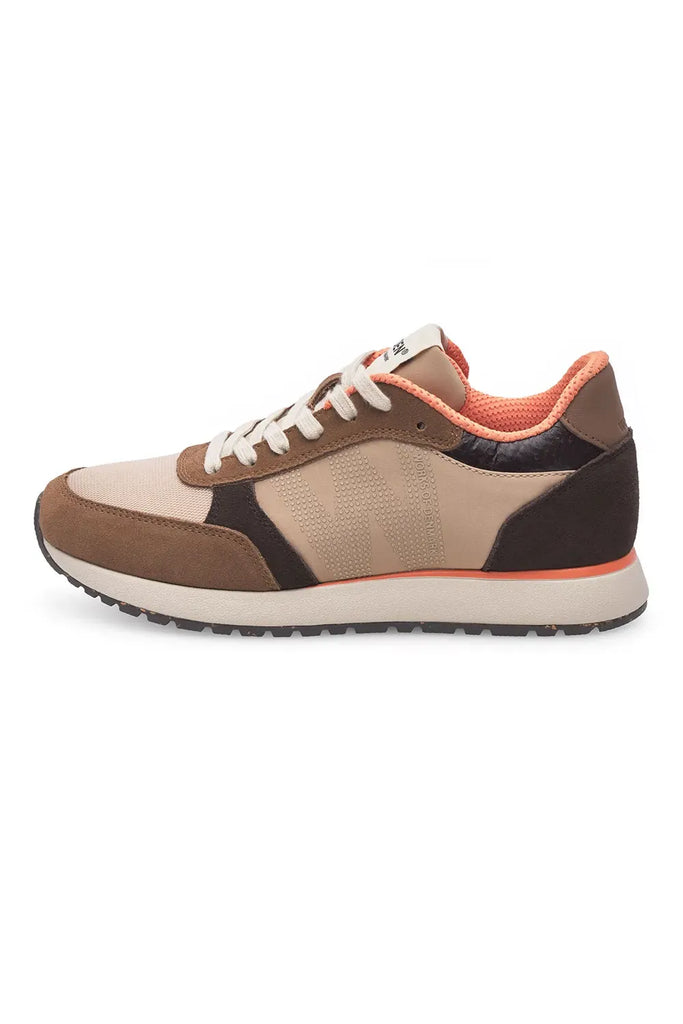 Pair of brown and beige sneakers with white laces on a light gray background. Woden Ronja Sneakers in Coffee Cream