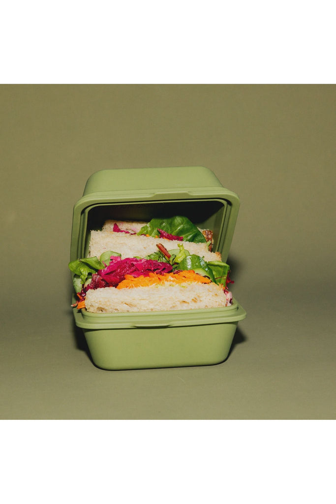 TOGO Sun The Burger Box in Cactus Green.  Displayed open showing a salad sandwich within.