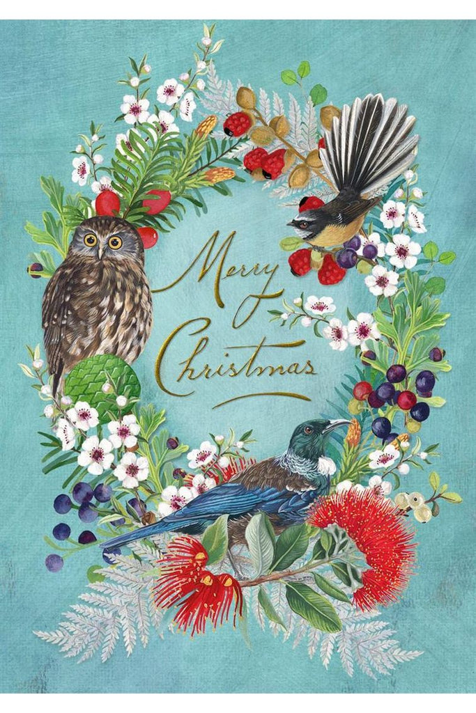 Wolfkamp & Stone NZ Christmas Greeting Card featuring a Wreath of NZ Native Birds, Fauna, Flowers and Berries