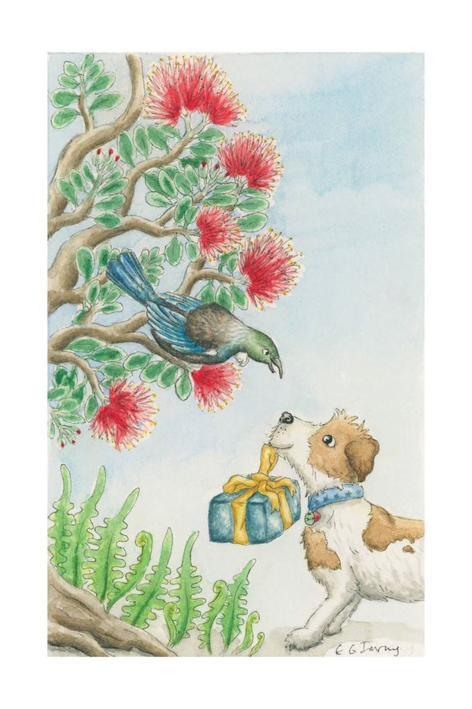 Emily Kelly NZ Christmas Greeting Card Tui in a Pohutukawa Tree a Dog carrying a present sitting underneath the Tree & Tui