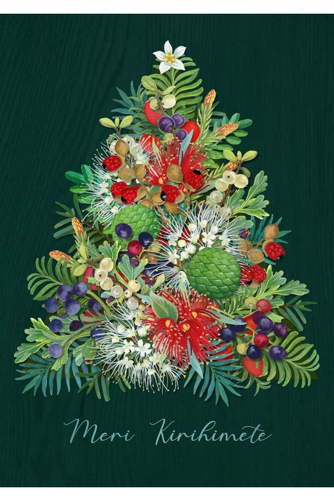 Wolfkamp & Stone NZ Christmas Greeting Card featuring a Christmas Tree made of Native NZ Flowers & Berries