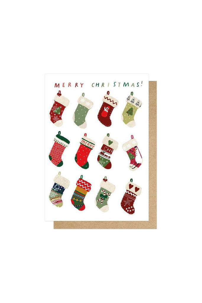 East End Prints Christmas Greeting Card featuring the words Merry Christmas and 3 rows of 4 Hanging Christmas Stockings featuring different designs