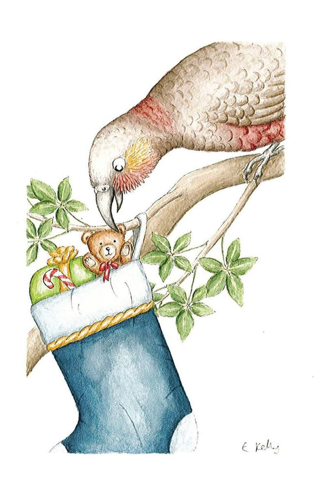 Emily Kelly NZ Christmas Greeting Card Kaka & Christmas Stocking