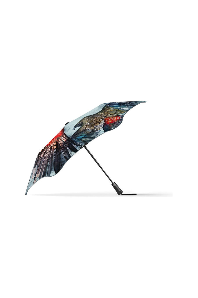Blunt X Forest & Bird Metro Umbrella featuring a Kea & Kaha Bird Design by Rachel Walker.  Clear Cut image showing umbrella from the side.