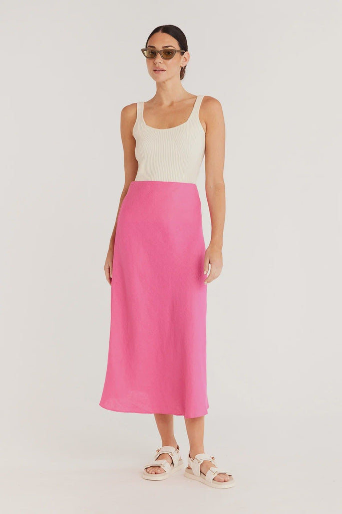 Cable Melbourne Pure Linen Bias Cut Skirt in Hot Pink, model veiw with tank