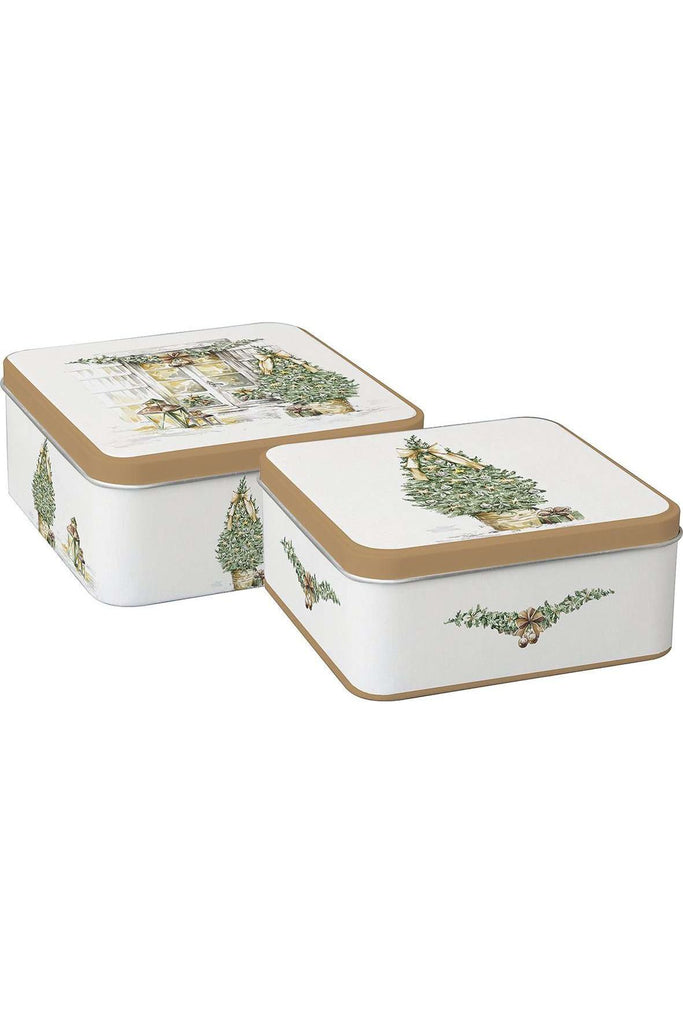 IHR Set of 2 Square Cookie Tins featuring Christmas Scene on Cream background