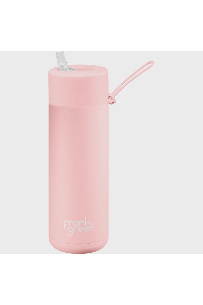Frank Green Ceramic 20oz Reusable Ceramic Bottle in Blushed Pale Pink Side View showing upright mouth sipper and strap handle