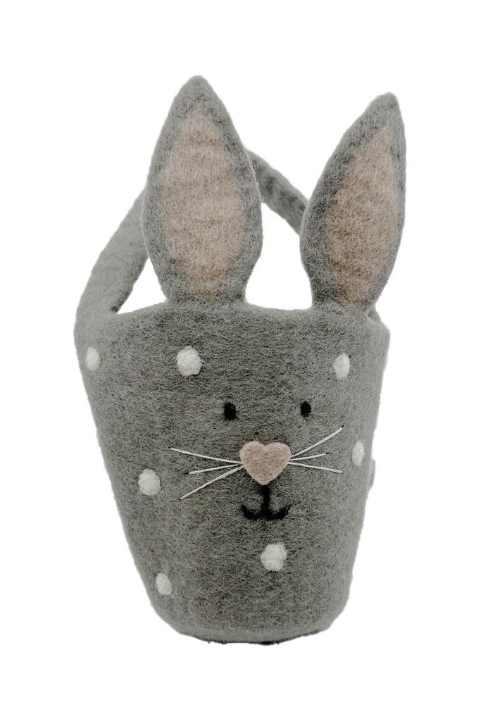 Pashom White Spotted Grey Bunny Easter Basket embroidered face felt ears.