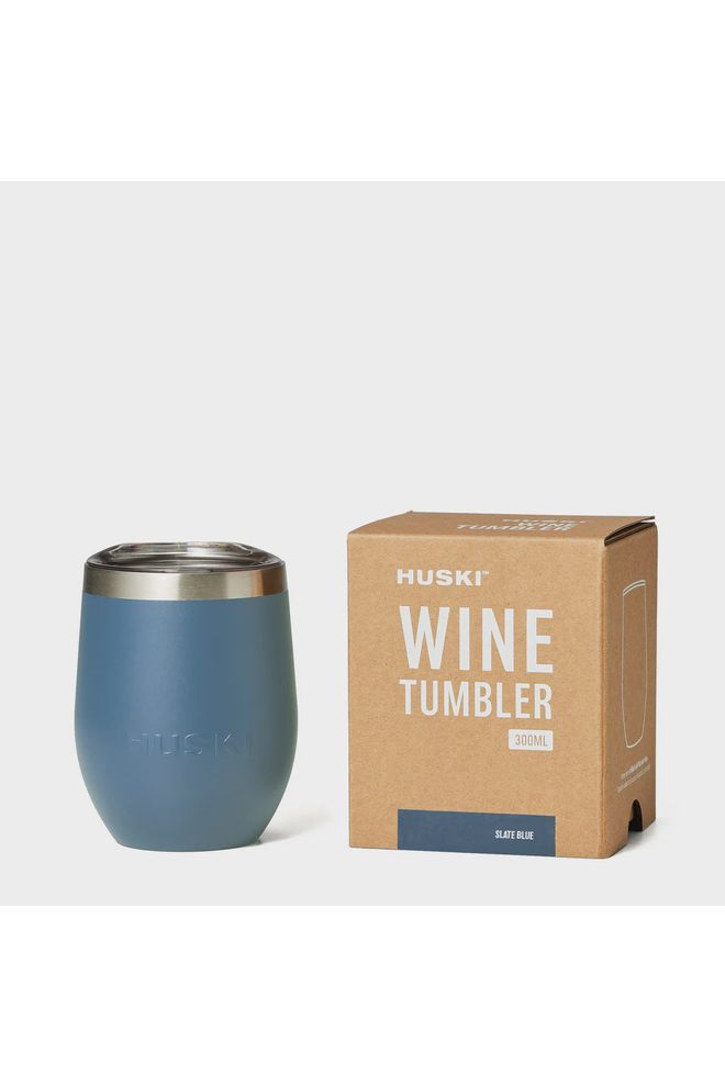 Huski Summer Nights Limited Edition Wine Tumbler in Slate Blue.  Displayed next to gift box.