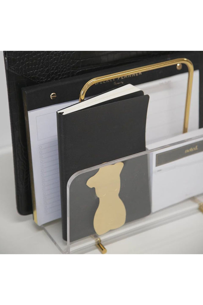 Papier HQ Acrylic Gold Document Holder shown  sitting on desk holding notepads and paper 