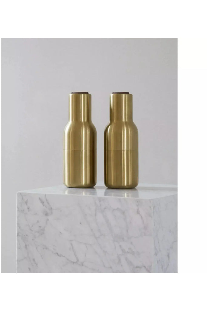 Menu Bottle Grinders Brushed Brass & Walnut Front View | Crisp Home + Wear