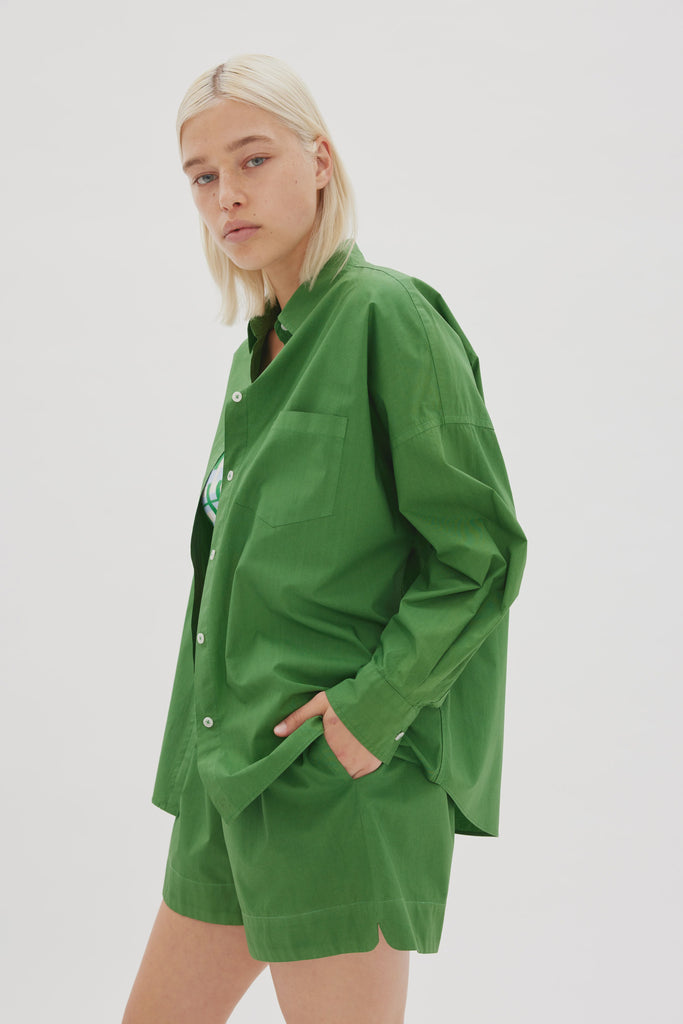 LMND Chiara Shirt Forest Green Cotton on model side view