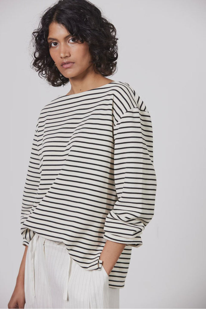 Laing Pablo Boat Neck Black and Ecru Stripe Sweatshirt