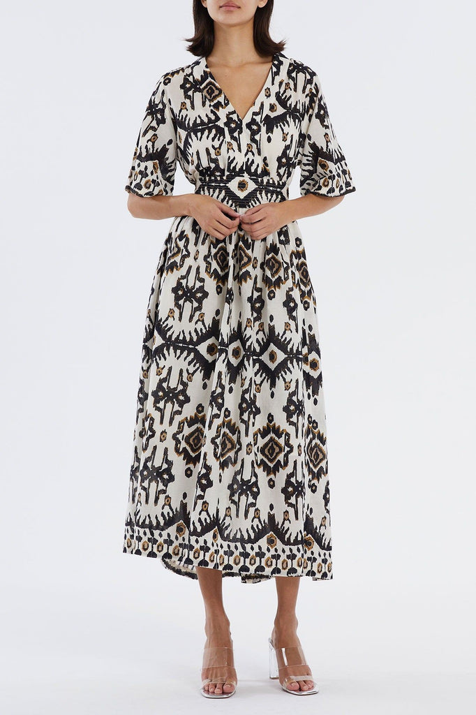 Lollys Laundry Sumia Cotton Midi Dress in Aztec Print, white, brown and black model front view