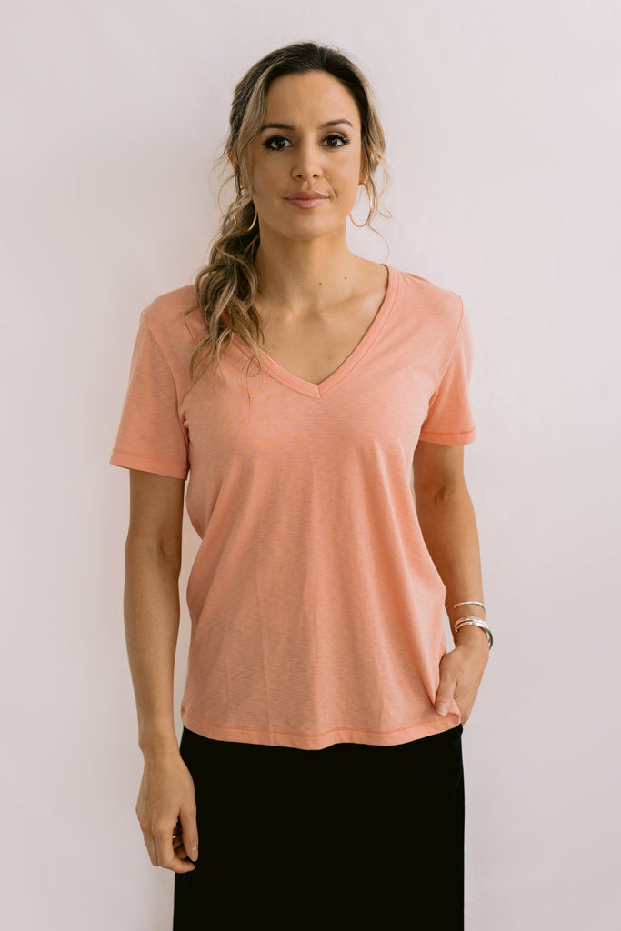 Before We Expire V Neck Tee | Burnt Coral Tees 8,10,12,14 Mazu